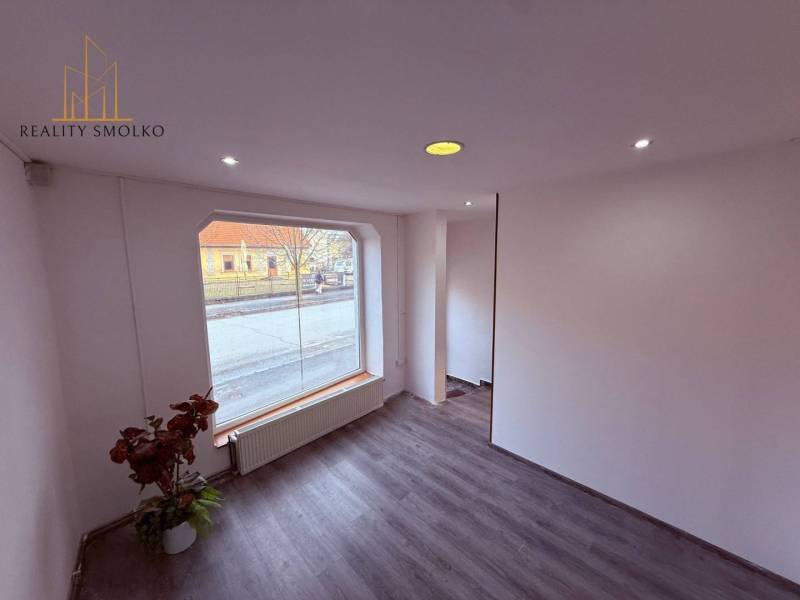 Interior of commercial spaces with a large window and wooden decor flooring.