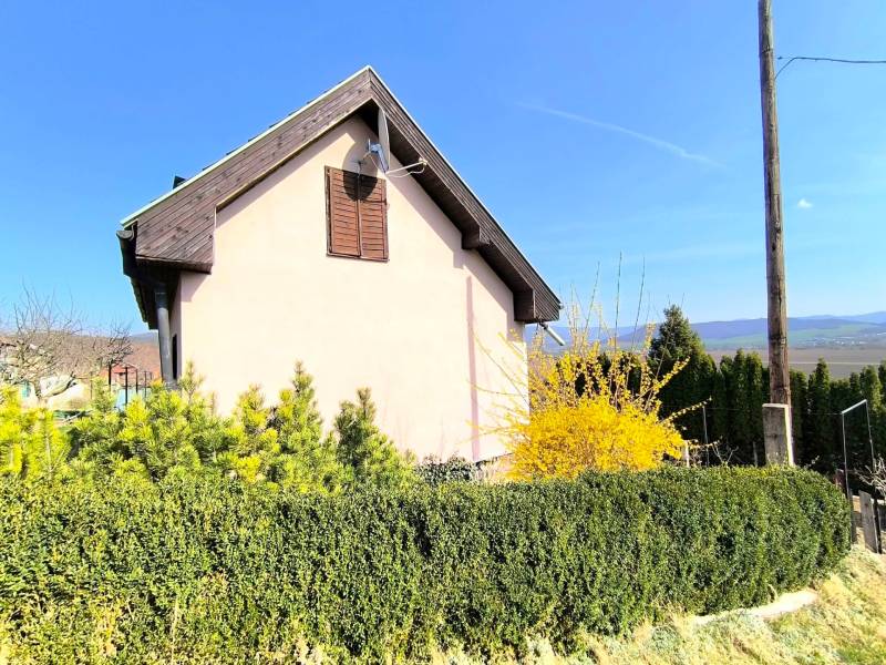 A cottage in Partizánske with a landscaped garden, surrounded by conifers and yellow shrubs.