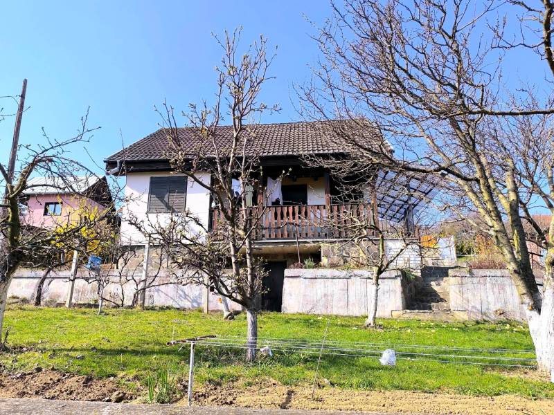 A cottage in Partizánske surrounded by trees with a staircase and a lawn.