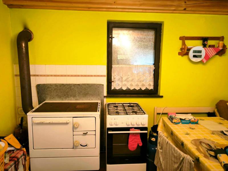 A cottage with a kitchenette, a tiled stove, and a gas stove.