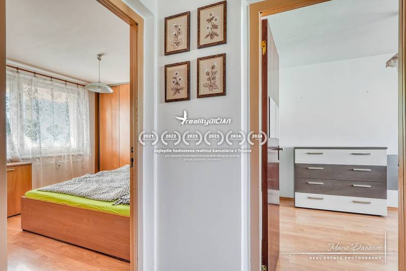 Interior of a 3-room apartment with a wooden decor floor, showing a bedroom and a hallway with paintings.
