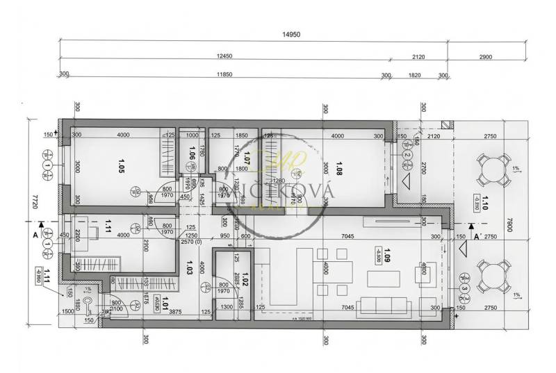 The floor plan of the family house in Klasov shows the layout of the rooms and furniture.