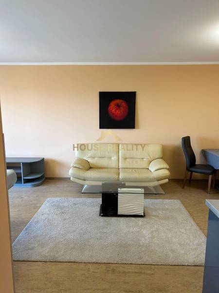 A sofa and a coffee table on a floor with wood decor, 3-room apartment.