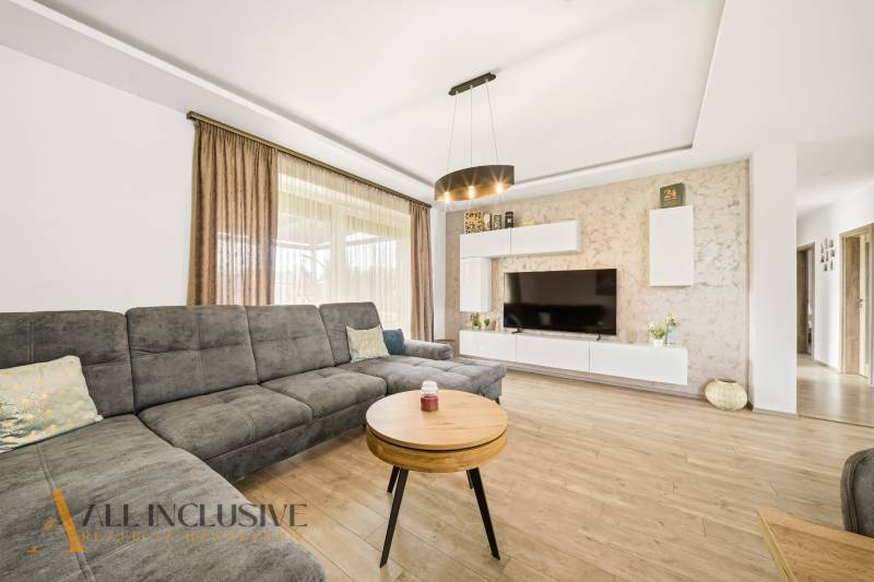 Living room in a family house with a gray sofa, TV, and wood-patterned flooring.