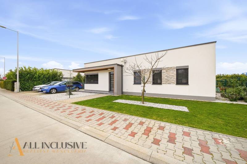A family house in Dunajská Streda with a garden, two cars, and a modern facade.