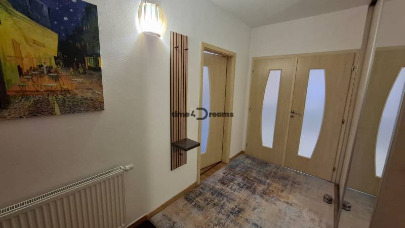 Entrance hallway in a 2-room apartment with carpet decor and a painting on the wall.