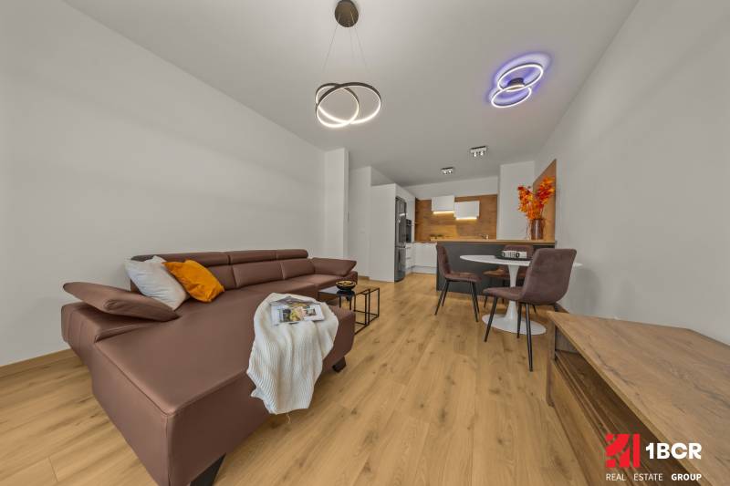 Living room in a two-room apartment with a sofa and wooden decor flooring.