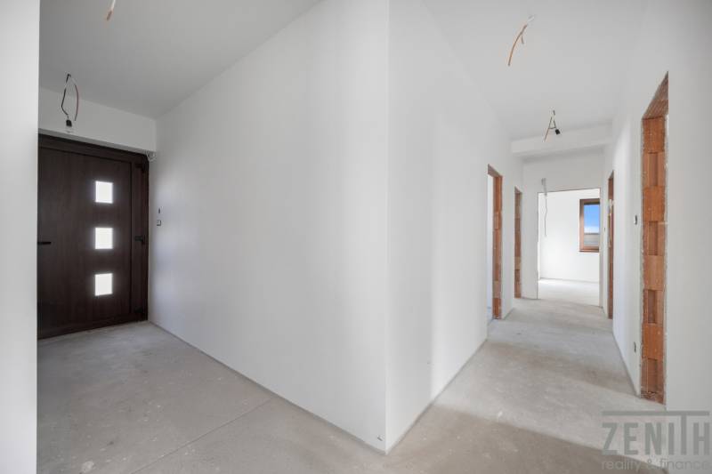 A hallway in a family house with white walls and dark doors.