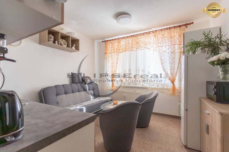 A kitchen in a studio apartment with a gray sofa and decorative curtains.