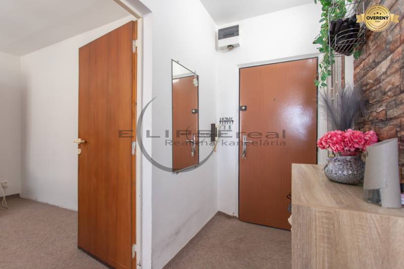 Entrance hall in a studio apartment with wooden decor and a flower vase.