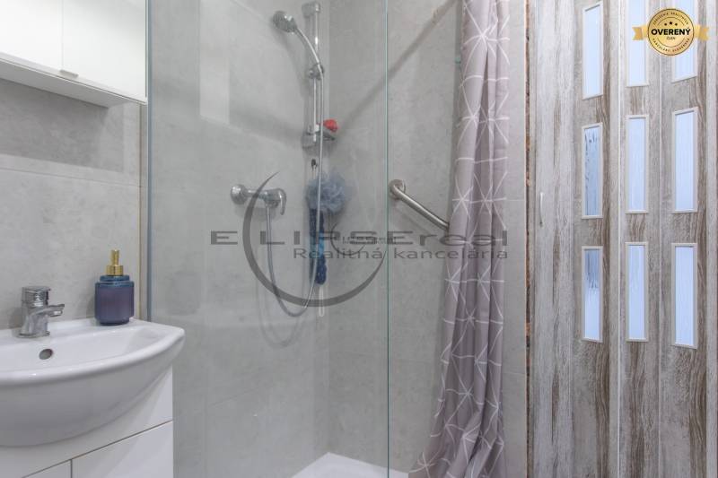 Bathroom in a studio apartment with a handheld shower and a glass shower screen.