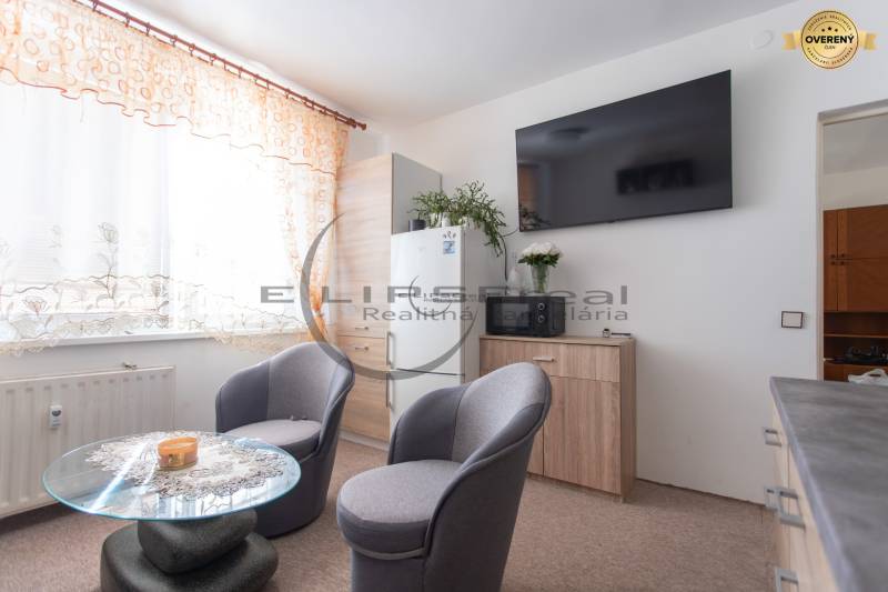 Comfortable seating and furnishings in a studio apartment, light curtains and cabinets.