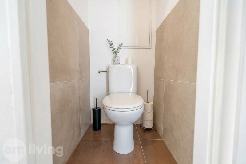 A toilet in a 2-room apartment with tiles and decorative elements.