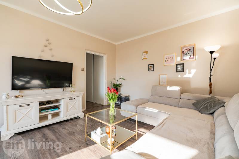 Living room of a two-room apartment with a sofa, table, and floor with wood decor.