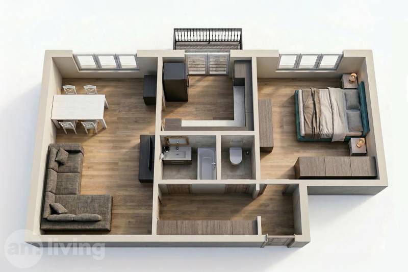 2-room apartment with wood-patterned flooring, a sofa, and a kitchen table.