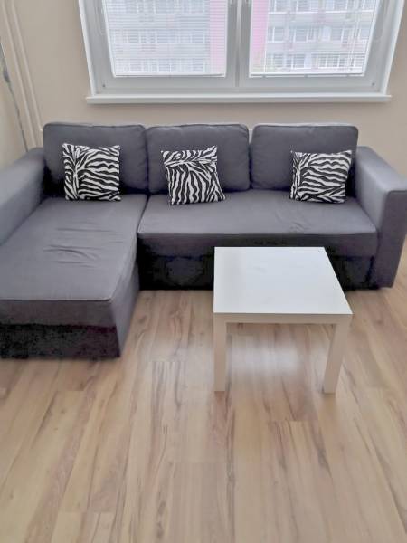 A gray sofa with zebra-patterned cushions and a white table on a wood-patterned floor.