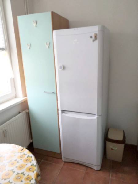 A refrigerator and a cabinet in the kitchen of a one-room apartment with a ceramic floor.