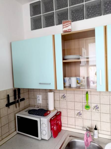 Kitchen area in a studio apartment with light blue cabinets and a microwave.