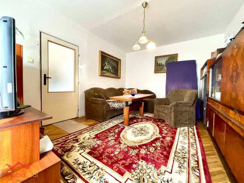 Living room in a one-room apartment with a carpet and antique furniture.