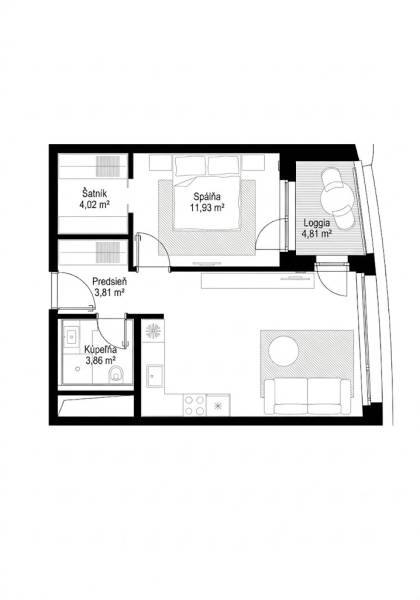 Floor plan of a 2-room apartment with a loggia, wardrobe, and wooden decor flooring.