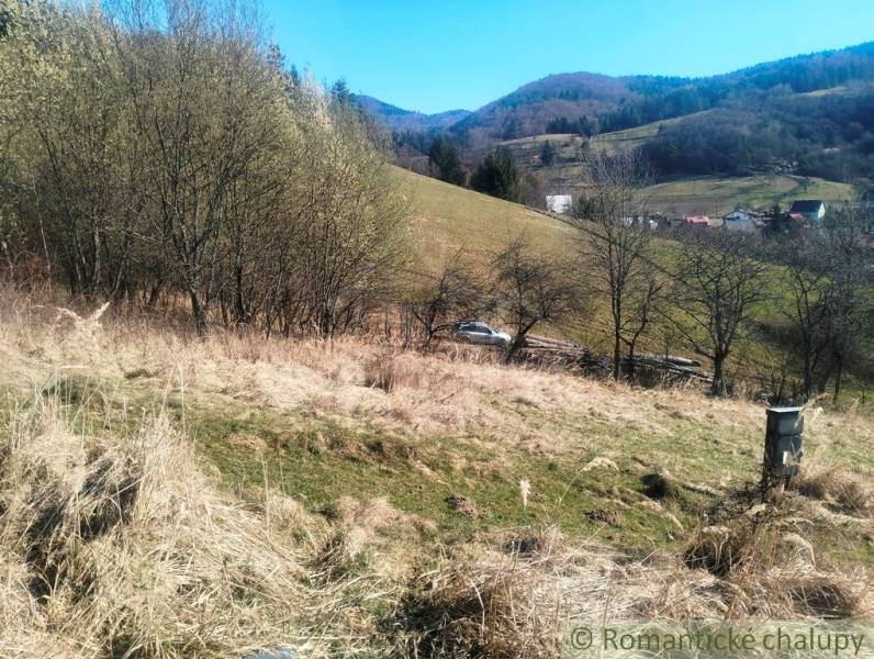 Hilly landscape in Vydrná suitable for residential plots, lined with trees and dry grass.