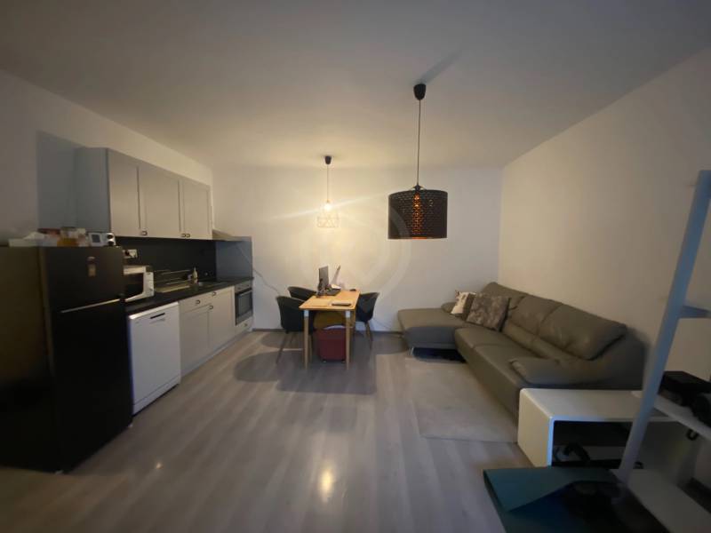 Kitchen with dining area in a 2-room apartment with wood-patterned flooring.