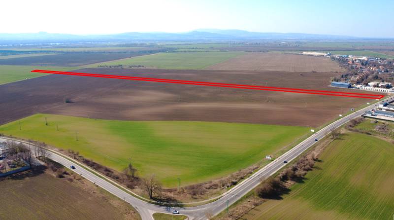Agricultural and forest lands around Štúrovo with a road and rectangular plots.