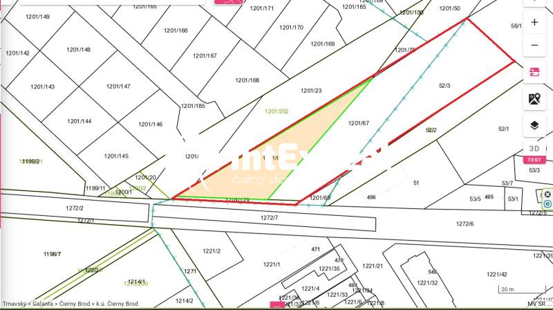 Parcel map in the village of Čierny Brod on Čierny Brod street for residential plots.