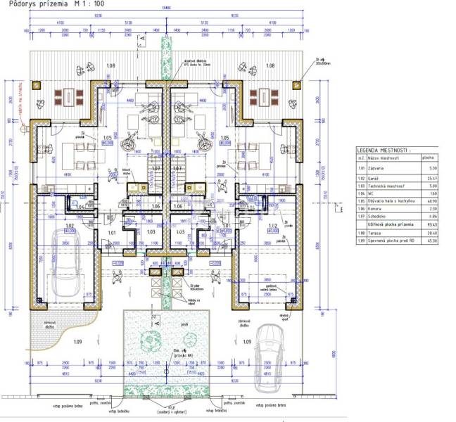 Ground floor plan of a family house with utility rooms and a terrace in Harichovce.