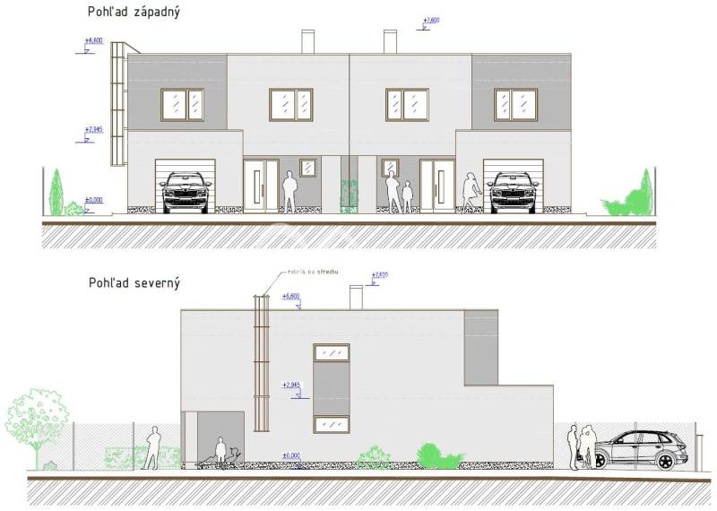 Architectural drawings of a family house in Harichovce with multiple views and elevations.