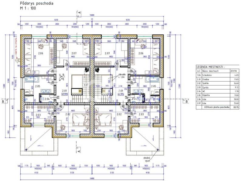 Floor plan of a family house with a room and a bathroom in Harichovce.