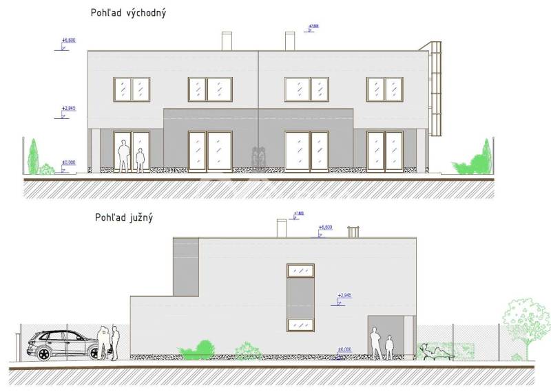 The sketch of the family house in Harichovce shows the eastern and southern view of the facade.