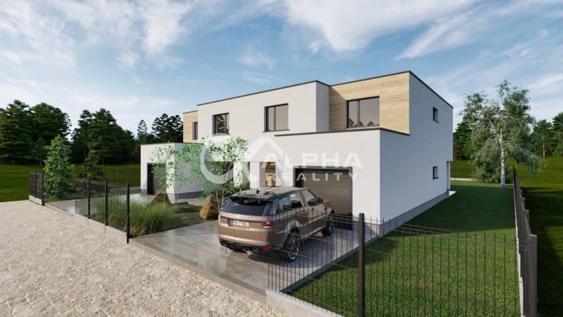 A family house in Harichovce, a modern building with a garage and surroundings full of greenery.