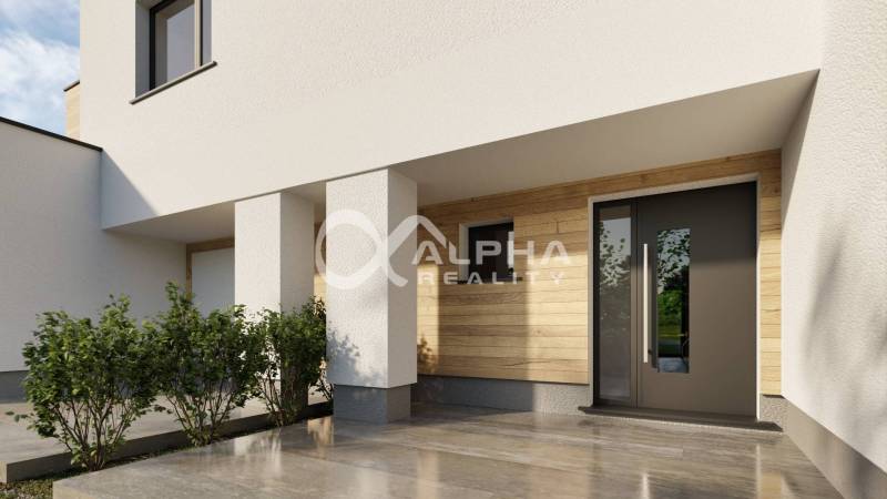 Entrance to a family house in Harichovce with elements of wooden cladding and greenery.