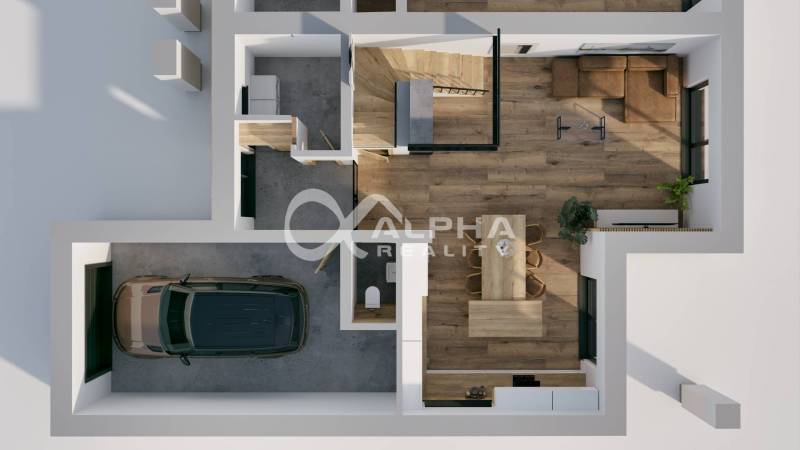 Floor plan of a family house with a parking space and a wooden decor floor.