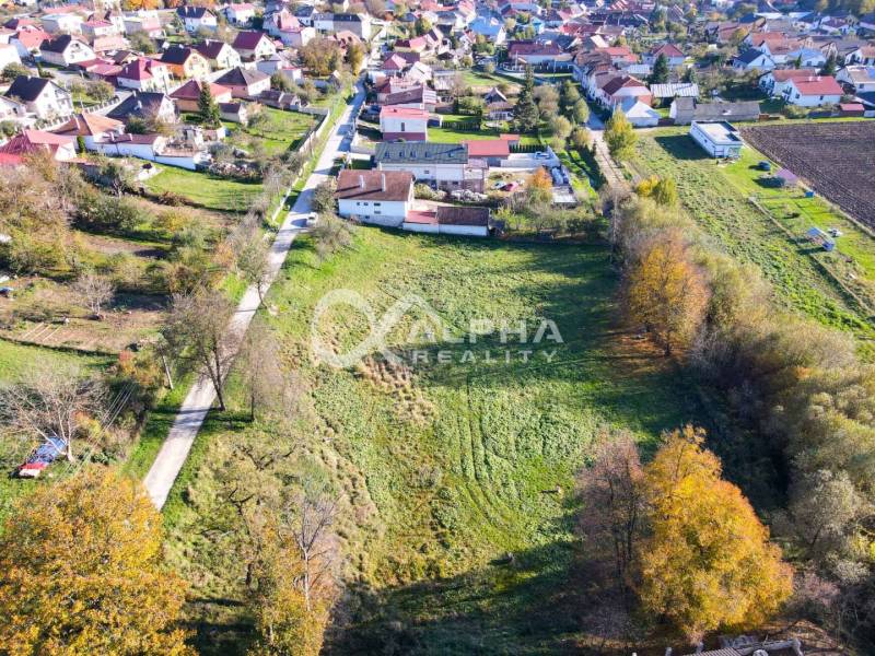 An aerial view of residential plots in Spišské Podhradie surrounded by houses and greenery.