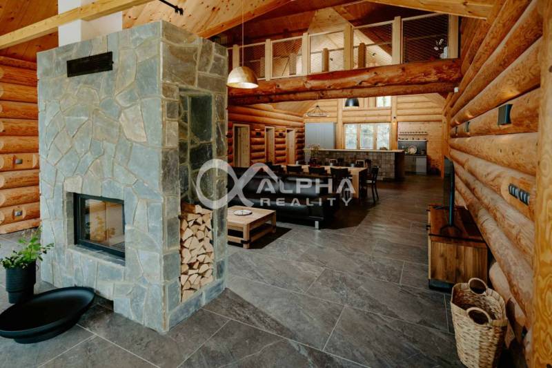 A spacious interior of a family house with a fireplace, wooden walls, and a floor with a wooden decor.