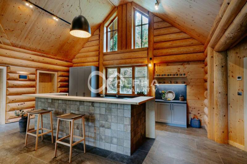 A kitchen in a family house with wooden walls and large windows, flooring with a wooden decor.
