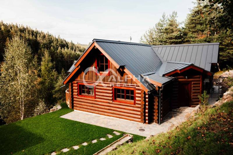 A wooden family house in Hnilčík surrounded by greenery and forest, with a sloped metal roof.
