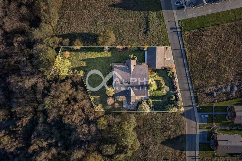 A family house in Veľká Lomnica surrounded by greenery, with a driveway and trees.