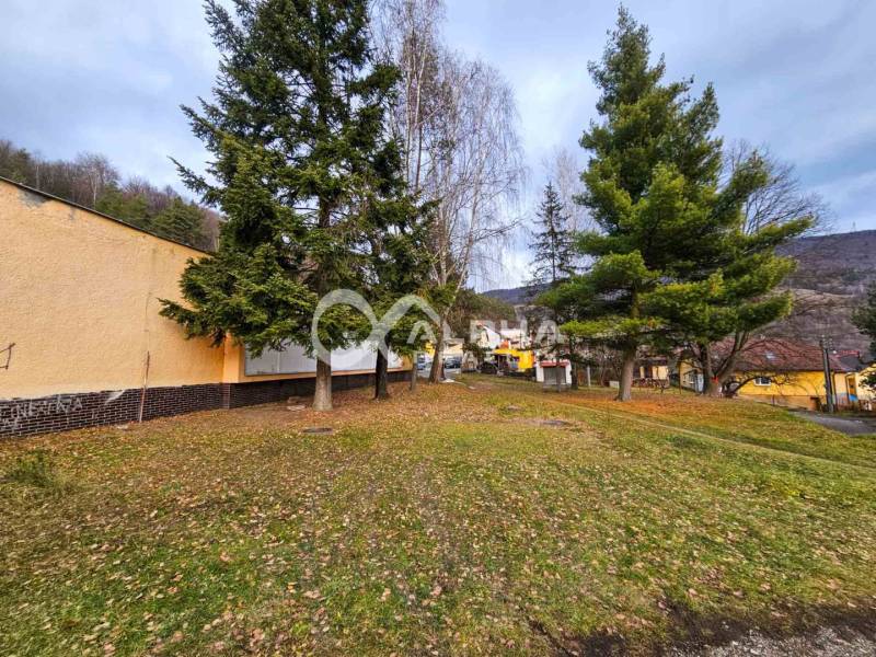 Trees near the building in Helcmanovce with a view of the hills and part of the village.