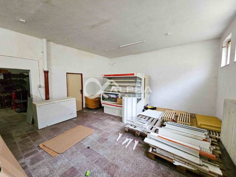 The building contains a storage area with a freezer box and shelves.