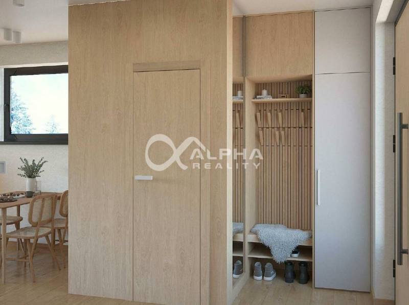 Interior with wood-patterned flooring, minimalist furniture, a wardrobe, and shoe racks.