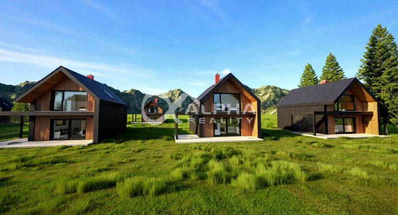 Modern wooden houses on plots in Spišské Vlachy, surrounded by mountains and nature.