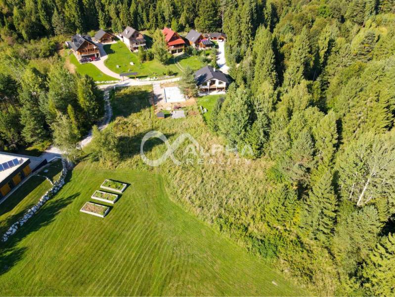 Aerial view of properties - housing in Spišské Vlachy surrounded by forest and houses.