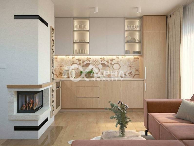 Interior with a kitchen, fireplace, and wood-decor flooring, ideal for properties - living.