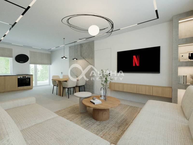 Living room with kitchen in a 3-room apartment with light furniture and a wooden decor floor.