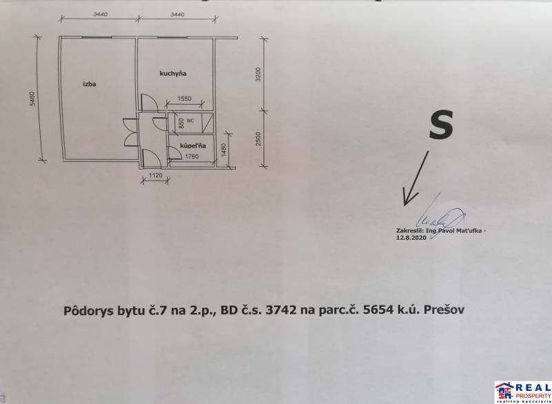 Floor plan of a one-room apartment with a kitchen, room, bathroom, and toilet.