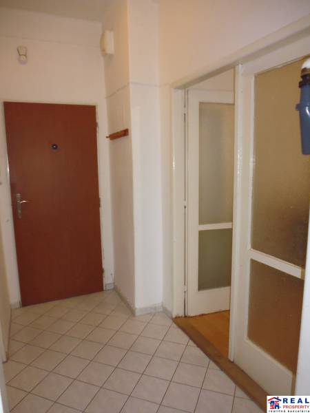 Hallway in a studio apartment with tiles and built-in doors with glazing.