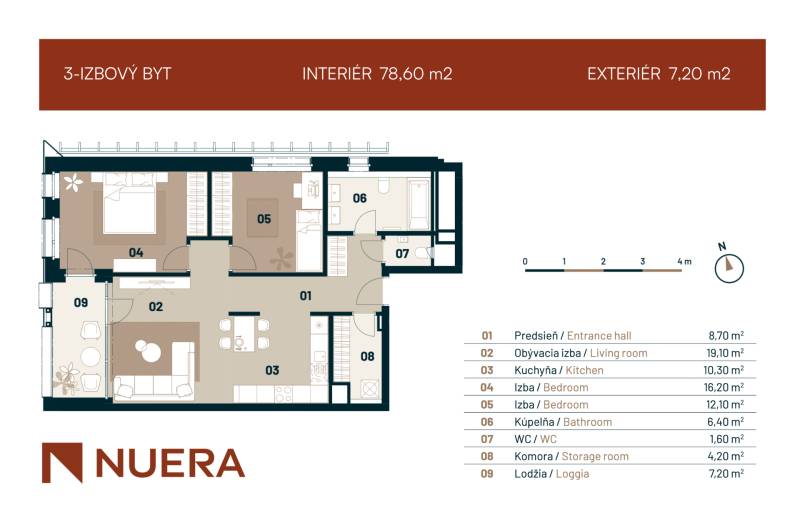 Floor plan of a 3-room apartment with a loggia, hallway, kitchen, living room, and two bedrooms.